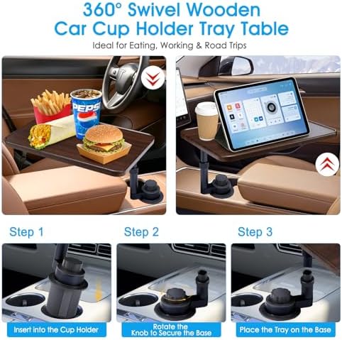 Car Desk for Laptop, 360° Rotation Wood Car Cup Holder Tray - Image 5