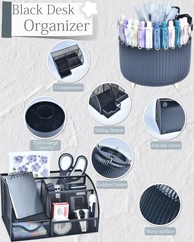 Black Desk Accessories and Organizers with Desk Organizer and 360°Rotating Pen Holder stapler Pen and a Lot of Office Black Office Supplies Beautifully Presented in a Gift Box - Image 2