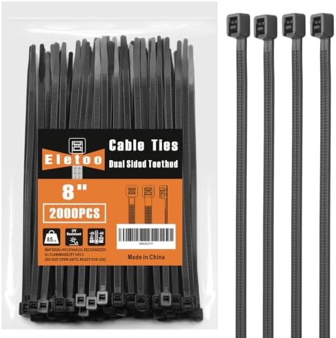 8 Inch Black Zip Ties Heavy Duty 2000 Pack Cable Ties 85 LBS by Eletoo