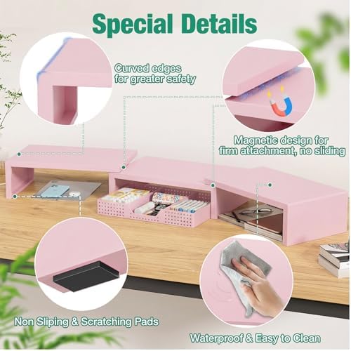 OPNICE Dual Computer Monitor Stand Riser, Desk Organizer with Drawer, Office Desk Accessories & Workspace Organizers for Home Office Supplies, Pink - Image 6