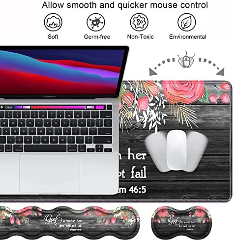 Ergonomic Keyboard Wrist Rest & Mouse Pad Wrist Rest Set,Large XXL Gaming Desk Mat 31.5"x 11.8",Non-Slip Base, Memory Foam,Easy Typing Pain Relief for Office & Home,Floral Quote Bible Verse Psalm 46:5 - Image 3