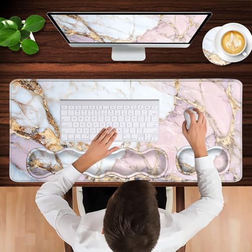 Keyboard Wrist Rest and Mouse Pad with Wrist Support Set Ergonomic Coaster,Memory Foam,Easy Typing Pain Relief,Large XL Desk Mat 31.5"x 11.8",Colorful Marble - Image 4