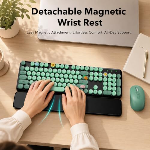 Wireless Keyboard and Mouse, Round Keycap, Magnetic Wrist Rest, Green Black - Image 3