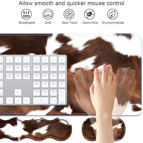 4 in 1 Ergonomic Keyboard Wrist Rest & Mouse Pad Wrist Rest Set, Large XXL Gaming Desk Mat 31.5"x 11.8" with Non-Slip Base, Memory Foam for Home Office Study Gaming, Brown Black Cow Print - Image 3