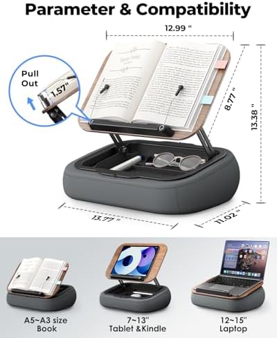 Viozon Lap Book Pillow Stand with Storage, Adjustable Beanbag Reading Pillow with Dark Wood Panel, Multi-Angle Book Holder for Hands-Free Reading in Bed or Sofa,Book Lover Essential, Soft Cushion - Image 3