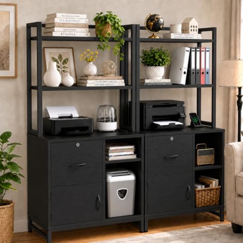 Homieasy Vertical Filing Cabinet with Bookshelf for Home Office, Black - Image 2