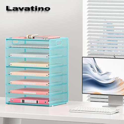 Lavatino 2 Pack 8-Tier Office Desk File Organizer, Letter Tray Paper Organizer with Handle, Including 5 Adjustable Slide Trays for Organizing Desk Workspace Accessories and Supplies (Blue Metal Mesh) - Image 7