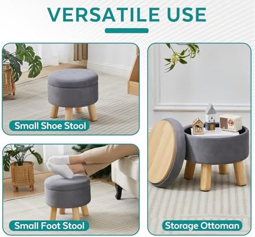 Small Foot Stool Ottoman with Storage, Velvet Ottoman Foot Rest for Couch, Round Footstool with Storage, Small Ottomans and Footstools for Living Room and Entryway (Gray) - Image 5