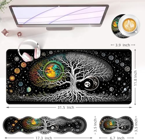 Large Keyboard Mouse Pad Set, Extended Mouse Pad+Keyboard Wrist Rest Support, Memory Foam Ergonomic Easy Typing, 4Pcs (31.5×11.8 in) Desk Pad Set for Office Home,Moon Tree of Life - Image 6