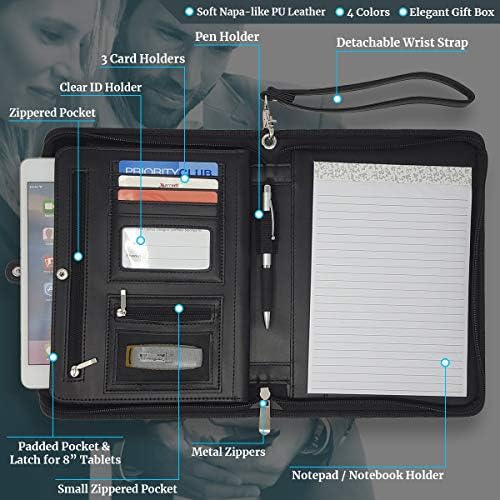 Customized Black Zippered Portfolio Binder with Junior Legal 5x8 Notepad - Engraved PU Leather Business Padfolio Organizer Folder with 8" Tablet Sleeve & Gift Box by Lautus Designs - Image 3
