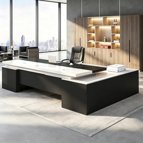 Executive Desk, L Shaped Executive Office Desk with Locking Drawer & File Cabinet, 1'' Thick Desktop, Large Office Desk with Storage, Modern Executive Computer Workstation for Home Office & Business by Unknown