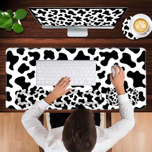 Keyboard Wrist Rest and Mouse Pad with Wrist Support Set Ergonomic Coaster,Memory Foam,Easy Typing Pain Relief,Large XL Desk Mat 31.5"x 11.8",Cow Print - Image 4
