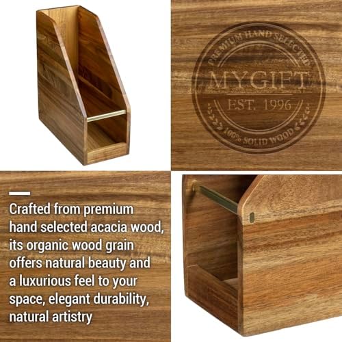 MyGift Premium Hotel Series Solid Acacia Wood Desktop Magazine File Holder Bin with Brass Tone Metal Accent, Vertical Office Desk Document Folder Binder Storage Organizer Rack (Pack of 2) - Image 3