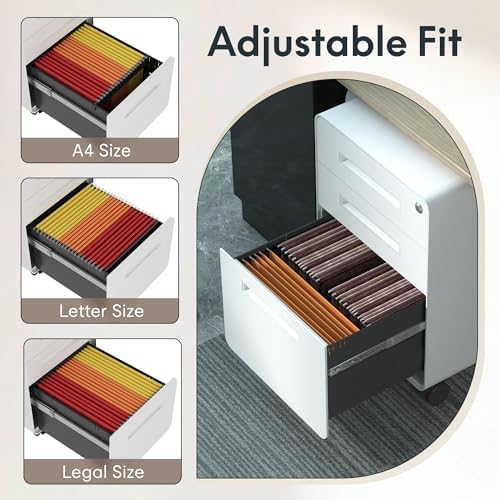 FLEXISPOT Mobile File Cabinet for Home Office 3 Drawer File Cabinet Under Desk Storage Filing Cabinet for Legal/Letter/A4 File,Round Corner Design,White - Image 5