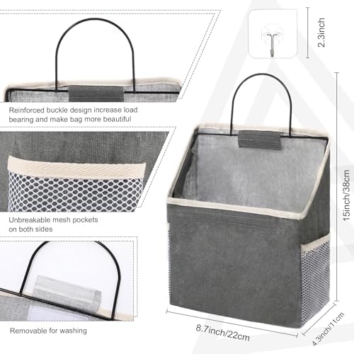 Woanger 12 Pcs Wall Hanging Storage Bag Wall Hanging Organizer Bag Over The Door Closet Basket Containers Bins with Hooks Pockets for Bedroom Bathroom, 15 x 4.3 x 8.7''(White, Dark Gray, Light Gray) - Image 2