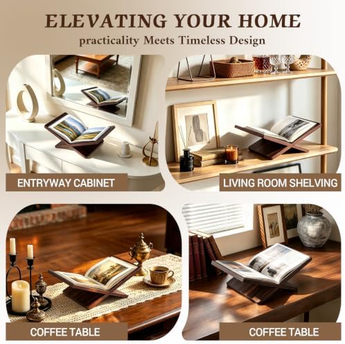 Walnut Wooden Cookbook Stand with Elastic Page Clips, 15.8" x 9.5" x 5.5" Large Recipe Book Holder for Kitchen Counter, Hands Free Display Stand for Cooking - Image 5