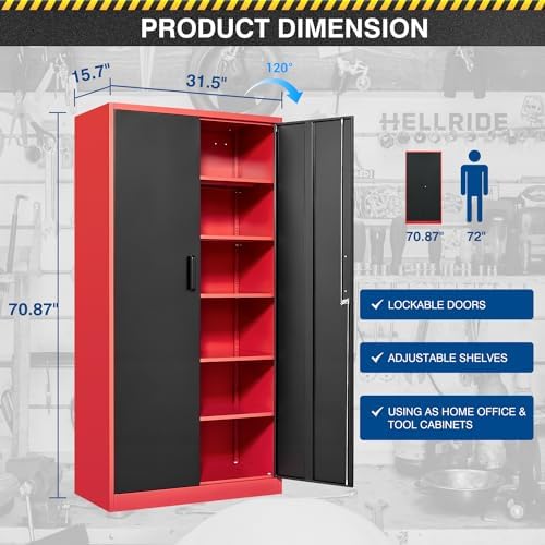 Fesbos Metal Storage Cabinet-71” Tall Steel File Cabinets with Lockable Doors and Adjustable Shelves-Black&Red Steel Storage Cabinet for Home, School, Office, Garage - Image 3