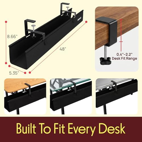 Pyle 48" Under Desk Cable Management Tray, Under Desk Wire Organizer with Clamp or Screw Mount, Desk Cable Organizer with Fabric Design for Large Workstations, Built-in Ties, 20 lb Capacity, Black - Image 6