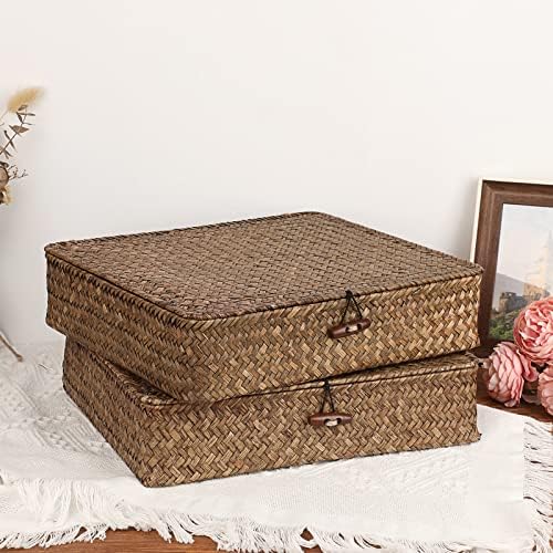 Hipiwe 2 Packs FLat Woven Wicker Basket Bin with Lid, Large Seagrass Baskes - Image 3