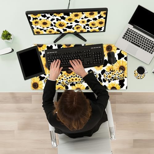 Gaming Mouse Pad Wrist Support & Desk Mat(35.4" x 15.7") & Keyboard Wrist Rest & Coasters CGFGHHUY 4 Pcs Set with Memory Foam Ergonomic Easy Typing Pain Relief - Cow Print Sunflowers - Image 7