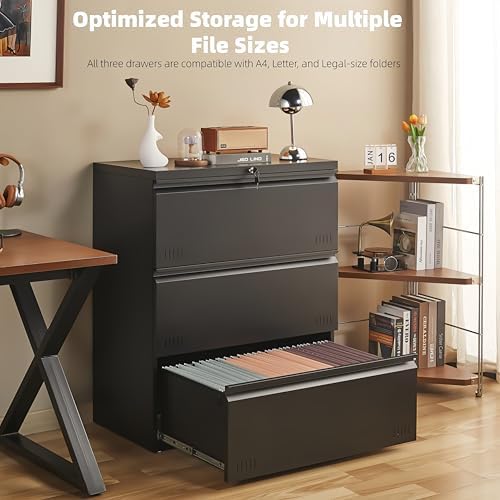 Guizeeopo Metal File Cabinet with Lock, 3 Drawer Lateral File Cabinets for Home Office, Heavy Duty Office Storage Cabinet for A4/Letter/Legal Size, Assembly Required(Black) - Image 6