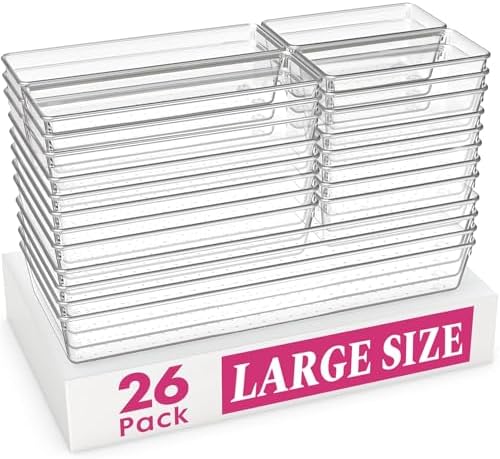 Criusia Large Drawer Organizer Bins 26 Pack | Complete 5 Size Clear Plastic Kitchen Drawer Organizers for Utensils | Bathroom Drawer Organizer Trays | Versatile for Makeup Office Organization by Criusia
