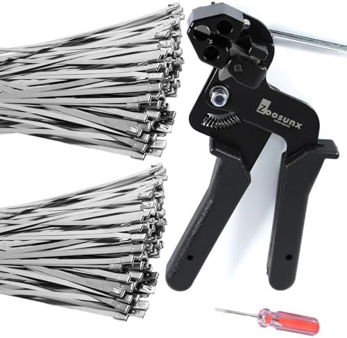 Metal Zip Tie Tool Kit: Heavy-Duty Stainless Steel Cable Tie Tensioner with 200PCS 11.8-Inch Self-Locking Metal Zip Ties for Fencing, Exhaust, Pipes & Industrial Repairs (200PCS+TOOL, SILVER) by Zoosunx