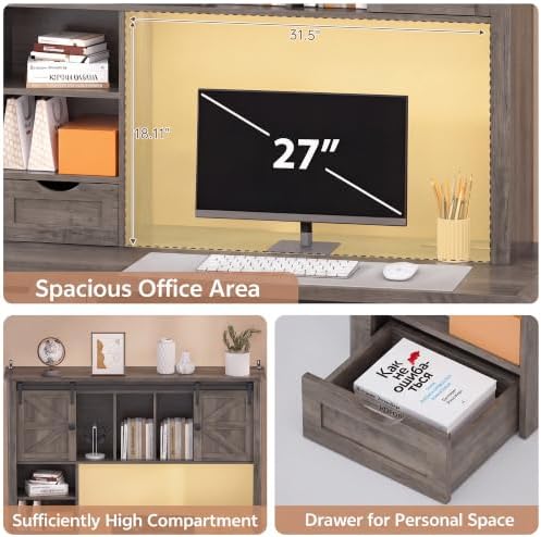 Large Desktop Bookshelf with Sliding Barn Door, 47.2''W Desk Shelf - Image 3