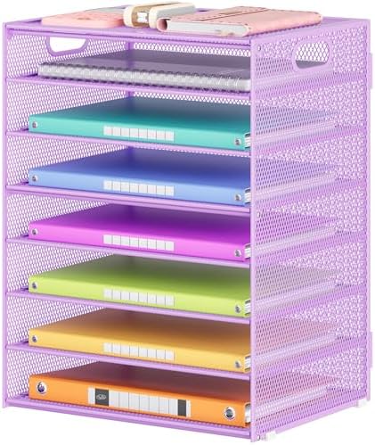 Lavatino 8-Tier Office Desk File Organizer, Letter Tray Paper Organizer with Handle, Including 5 Adjustable Slide Trays for Organizing Desktop Workspace Accessories and Supplies (Purple Metal Mesh) by Lavatino