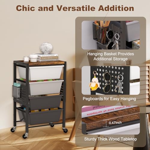 Rolling Cart with Drawers, Rolling Storage Cart with Large Plastic Drawers & Wooden Tabletop, Utility Cart with Pegboards & Basket, Storage Drawers Cart for Living Room, Classroom, Bedroom, Office - Image 5
