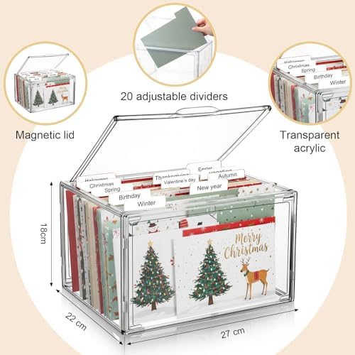 Tenceur Acrylic Greeting Card Organizer & Storage Box with 20 Colorful Removable Adjustable Dividers and Labels for Holiday Birthday Wedding Cards Photos, Crafts, Scrapbooking, Paper, Envelopes - Image 3