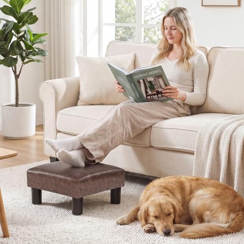 Joveco Small Footstool Ottoman Upholstered PU Leather Square Footrest Ottomans Small Foot Rest for Desk Couch Living Room Bedroom Office (Brown) - Image 3