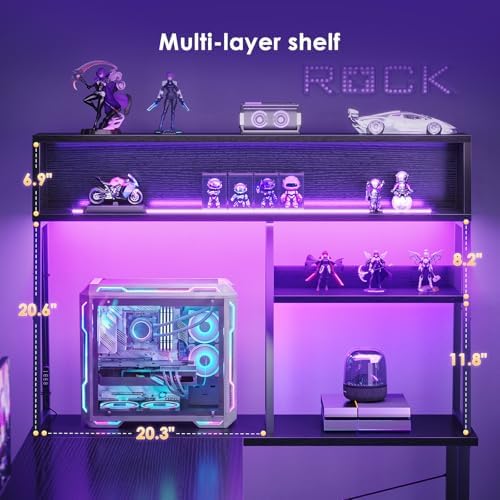 AODK 59 Inch L Shaped Gaming Desk with Display Shelves, LED Lights, Black - Image 4