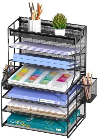 7 Tier Desk File Organizer, Black Metal Letter Tray Paper Organizer with Pull-Out Drawer, Removable Pen Holder & Hanging Basket, Vertical Desktop File Holder for Home Office, Classroom by FANXIYQ