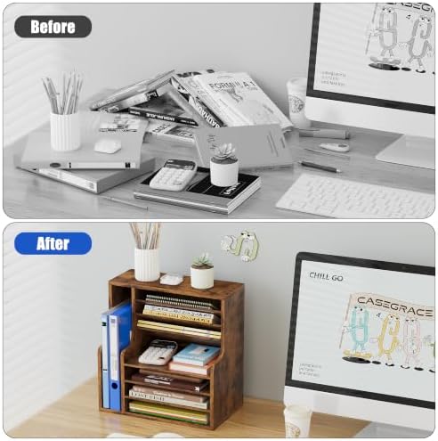 Wood Desktop File Holder Organizer Mail Sorter for File Folders, Mails, Envelopes or Magazines, 8 Compartments (Brown) - Image 2