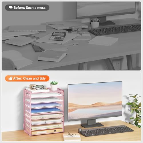 Subekyu 9 Tier Paper Letter File Tray Organizer for Desk, Pink Large Mesh Desk Folder Sorter Organizer with Handle, Include 6 Pcs Adjustable Height Slid Tray for Office Home School Supplies Storage - Image 7