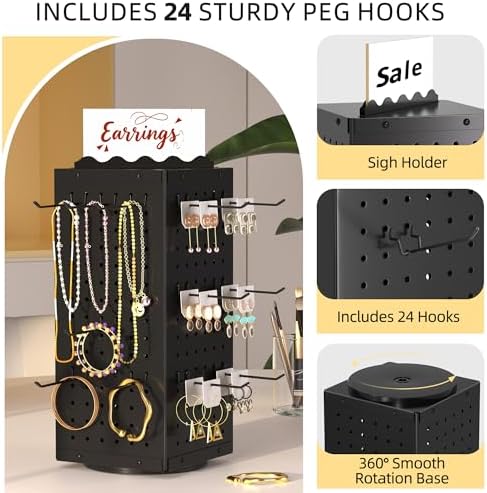 Urban Deco 360° Rotating Pegboard Display Stand - 24 Hooks, Signage, Black - Image 4