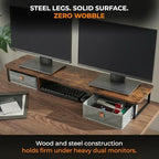 DuoStand Plus - 39” Dual Monitor Riser for Desk with 2 Drawers - Wood & Steel Double Monitor Stand with Storage - Desk Organizer Shelf for Desktop Computer, Laptop, TV & Printer (Rustic Wood) - Image 4