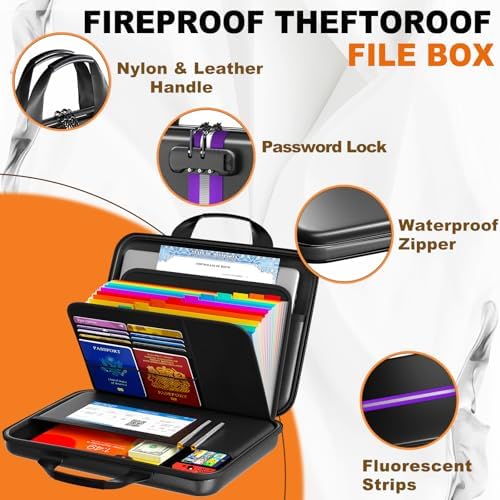 Fireproof Document Organizer with Lock, Semi-Rigid EVA Shell File Box with 13-Pocket Accordion Folder, Water-Resistant Storage for Important Documents, Passports & Certificates - Image 3
