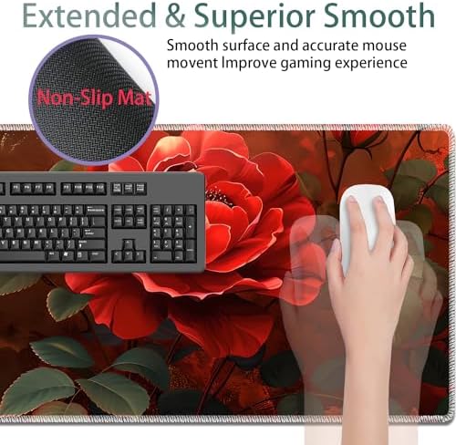 Large Gaming Mouse Pad + Keyboard Wrist Rest + Wrist Support + Coaster Set, Memory Foam Ergonomic for Easy Typing, XXL Extended Gaming Mouse Pad Table Pad - Red Rose - Image 4