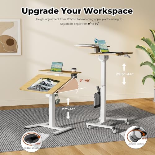 28" Mobile Standing Desk, Tiltable Top with 2-Tier Shelves, Maple - Image 3