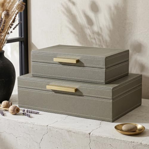 Decorative Storage Boxes with Lids, Set of 2 PU Leather Organizer Boxes with Soft Velvet Lining and Gold Handles, Stackable Keepsake, Photo & Document Storage for Bookshelf, Bedroom, Office - Image 3
