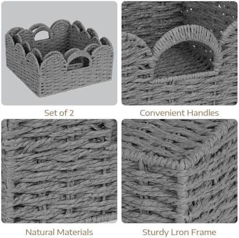 Storage Baskets for Shelves Scalloped Desk Organizer Paper Rope Bin Grey - Image 4