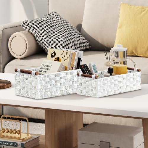 Vagusicc Wicker Storage Basket, Set of 2 Hand-Woven Paper Rope Wicker Basket for Organizing with Handle Decorative Storage Bins for Counter Pantry Shelves Toilet Paper Basket for Toilet Tank Top,White - Image 4