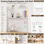 3-Tier Desk Organizer Shelf, Adjustable Pegboard Bookshelf, White - Image 3