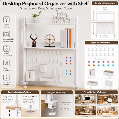 3-Tier Desk Organizer Shelf, Adjustable Pegboard Bookshelf, White - Image 3