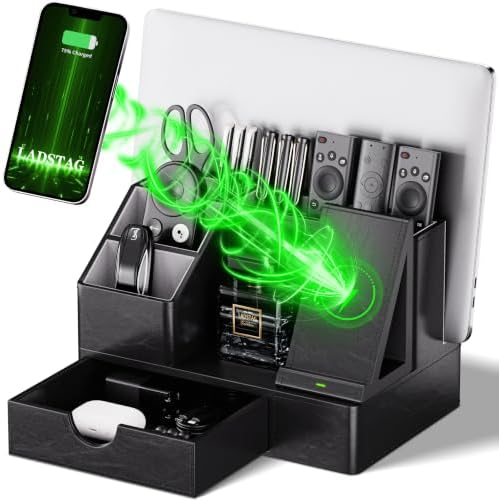 LADSTAG Leather Phone Docking Station for Men - Desk or Nightstand Organizer - Birthday Gifts for Husband, Dad - Anniversary Idea from Wife - Key Holder, Stand Wallet, Watch & Essentials by LADSTAG