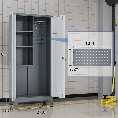 61" Metal Storage Cabinet with Lockable Doors, Cleaning Supply Cabinet with Pegboard and Hanging Rod. Garage Tool Storage Cabinets for Home, Laundry, Office, Home Kitchen Utility Cabinet - Image 3