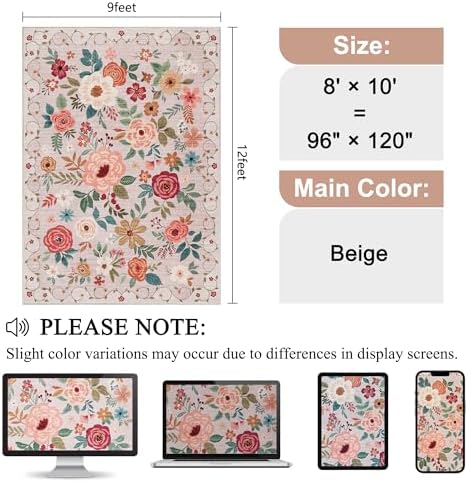 DUKINO 9x12 Area Rug for Living Room, Floral Washable Rug Non Slip, Beige - Image 2