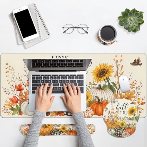Britimes Keyboard Mouse Pad Set, 4 in 1 Desk Mat Set, Sunflower Fall - Image 7